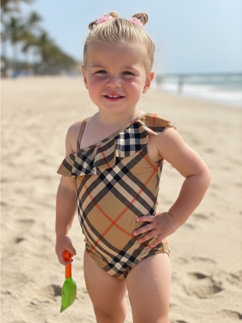 Burberry One-Shoulder Plaid Ruffle Swimsuit - Tan, Black, Cream